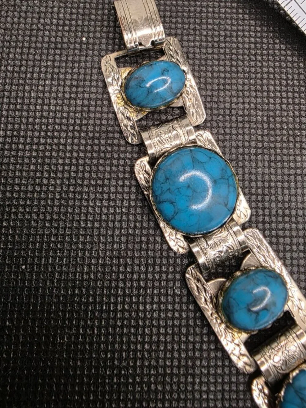 Vintage Silver Tone Faux Turquoise Panel Link Bracelet 7